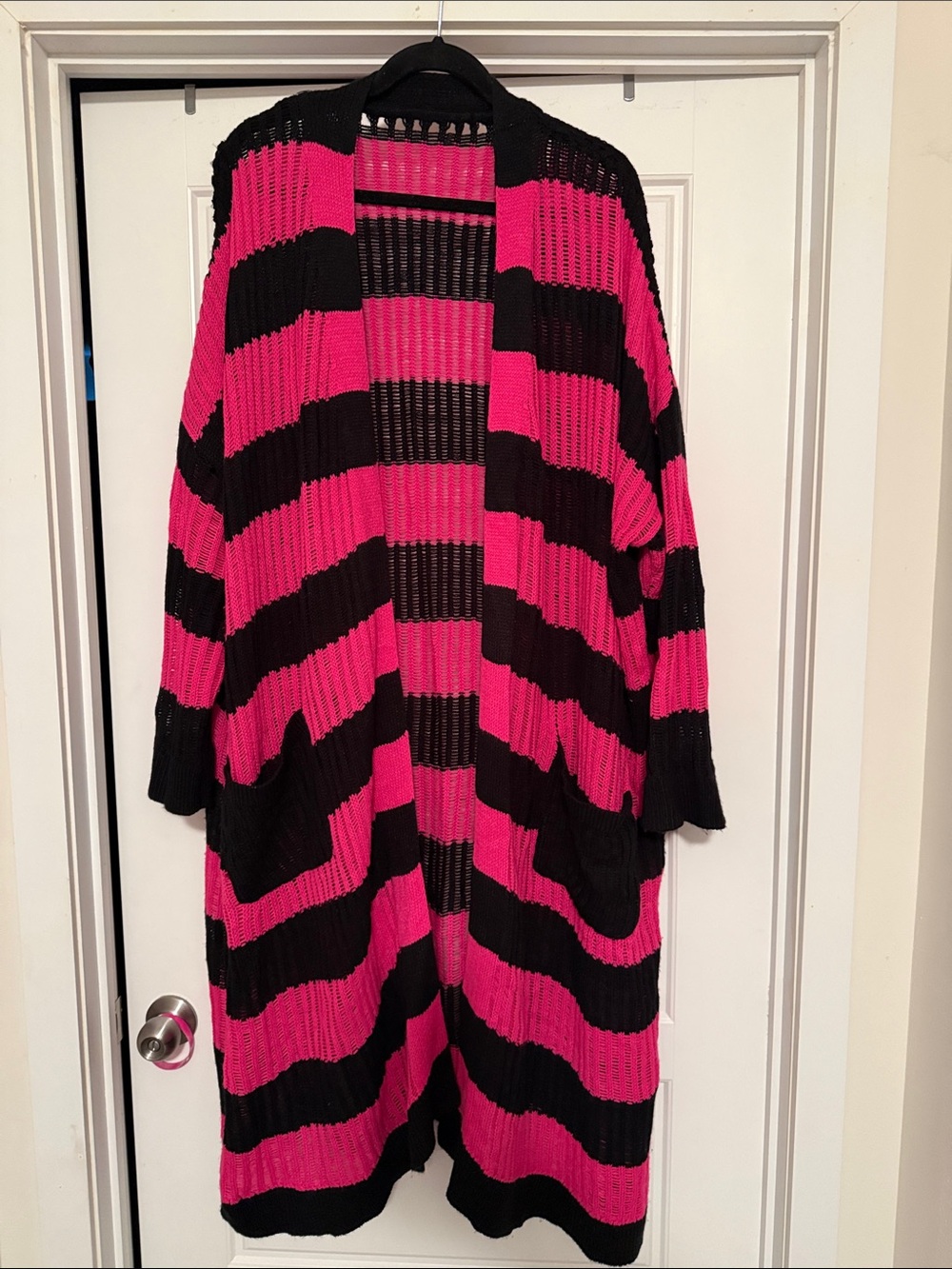 Open-Front Striped Long Cardigan Sweater in Hot Pink and Black